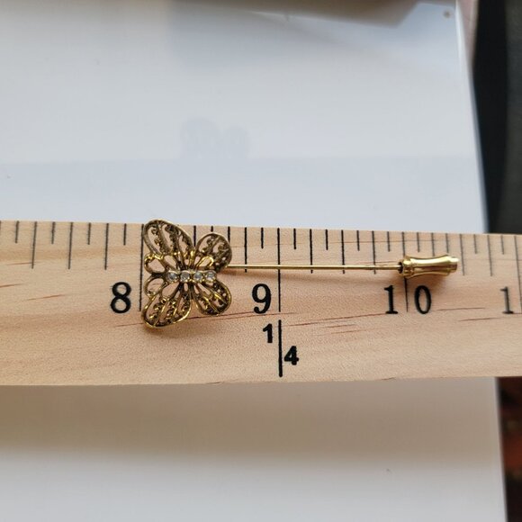 Vintage 80s Butterfly Lapel Stick Pin brooch Filigree Clear Rhinestone Accents - Picture 3 of 3
